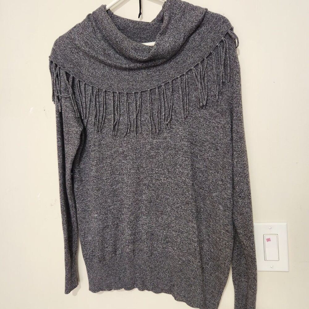 Chelsea and Theodore Top Sweater XL Gray Charcoal Fringed Cowl Neck Wool Blend. - Picture 4 of 12